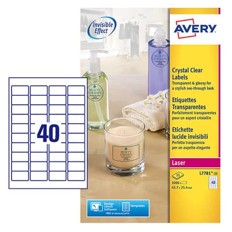 Etichette poliestere trasparenti lucide AVERY QuickPEEL™ 45,7x25,4 mm - 40 et/foglio - laser conf. 25 ff L7781-25